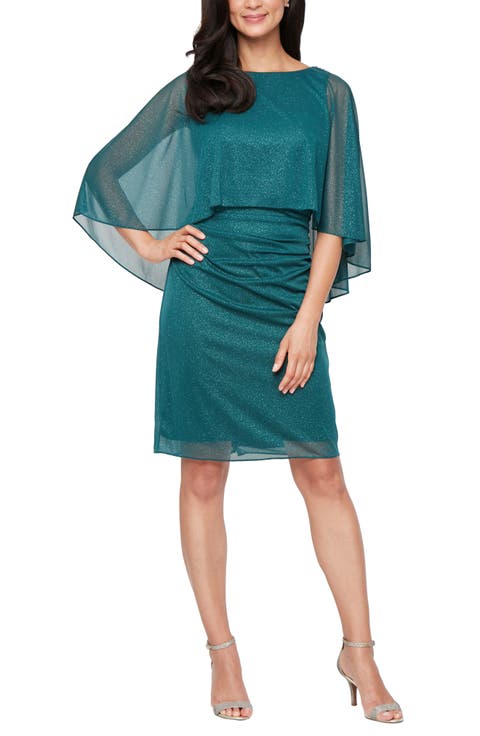 Glitter Chiffon Capelet Cocktail Dress
