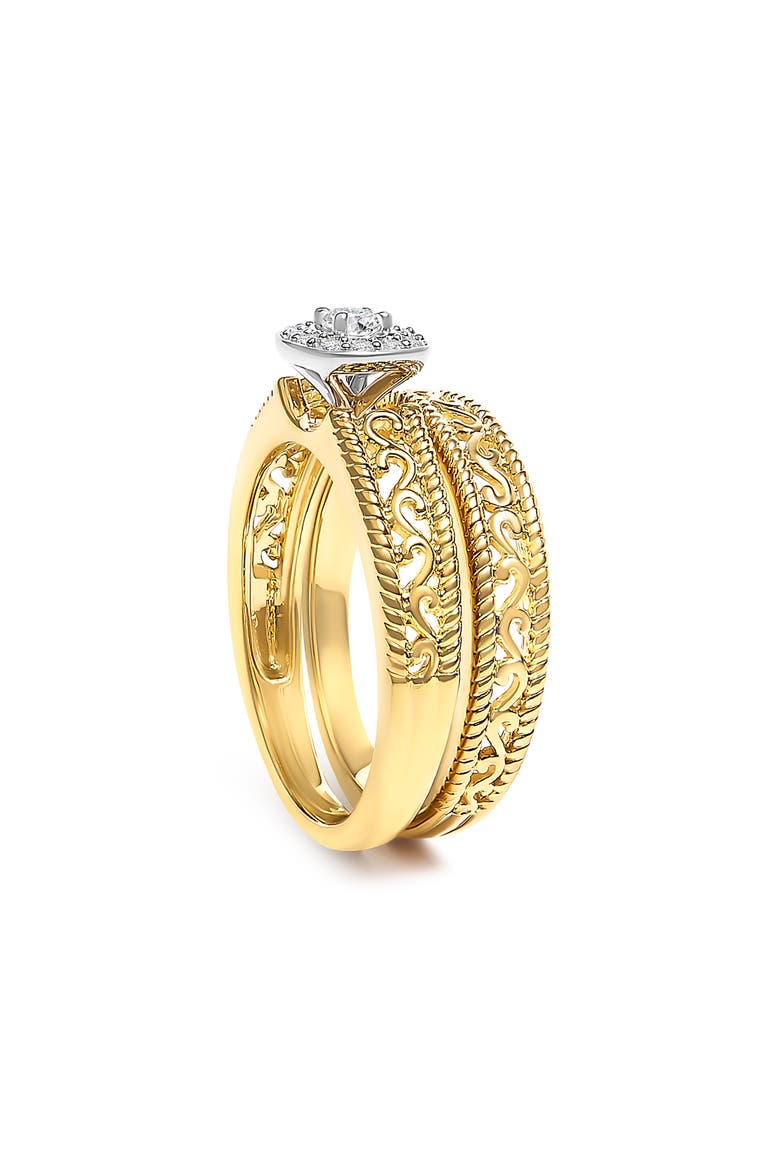 14K Yellow Gold Plated Silver 1/5 Ctw Diamond Halo and Milgrain Bridal Ring Set, Alternate, color, Yellow