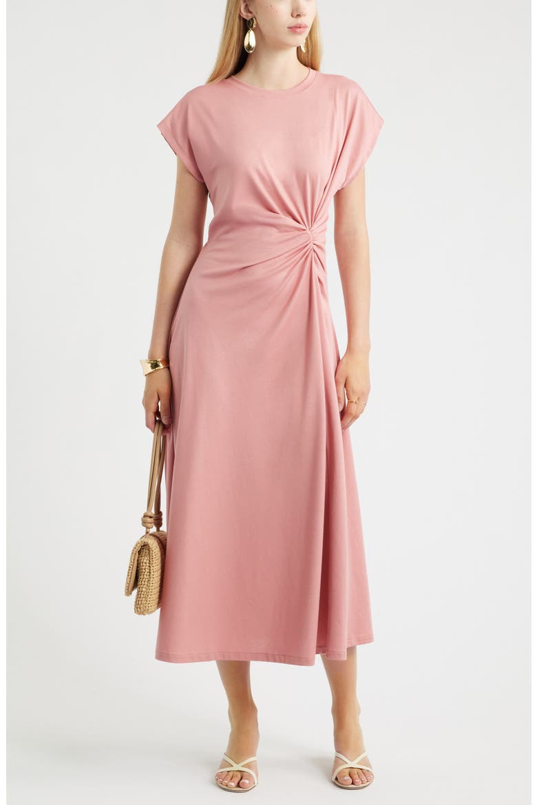 Crew Neck Side Twist Midi T-Shirt Dress, Alternate, color, PINK COMPACT