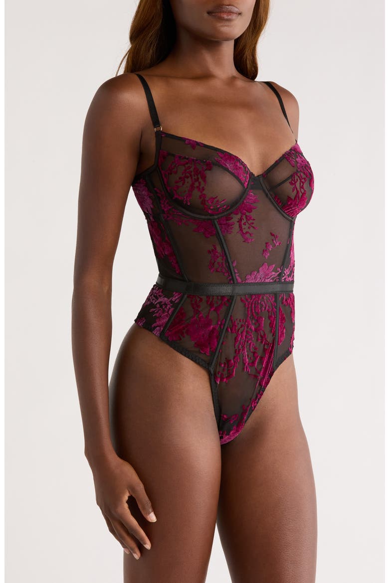 Floral Flocked Underwire Teddy, Alternate, color, BLACK-BOYSENBERRY