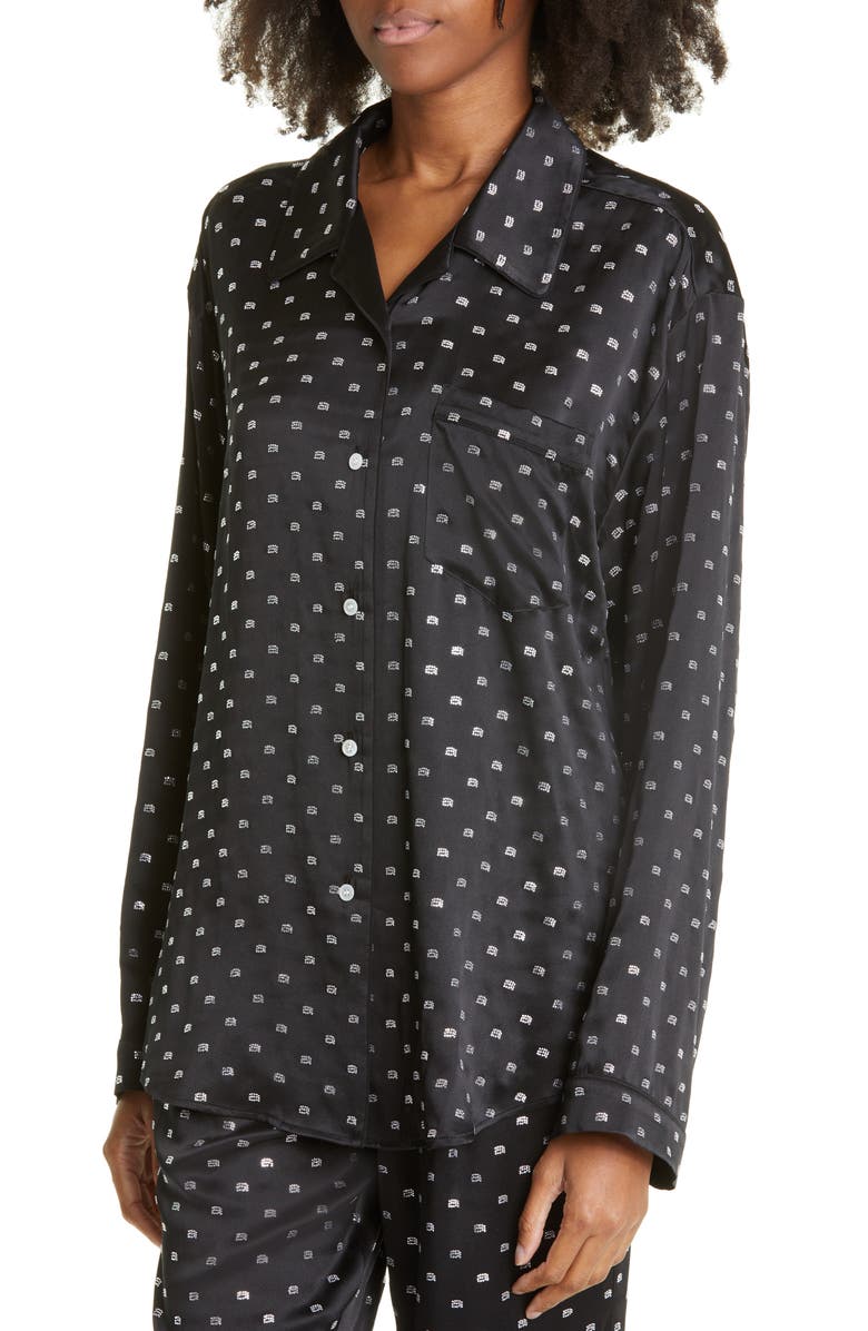 Alexander Wang Crytal Logo Silk Pajama Shirt, Alternate, color,