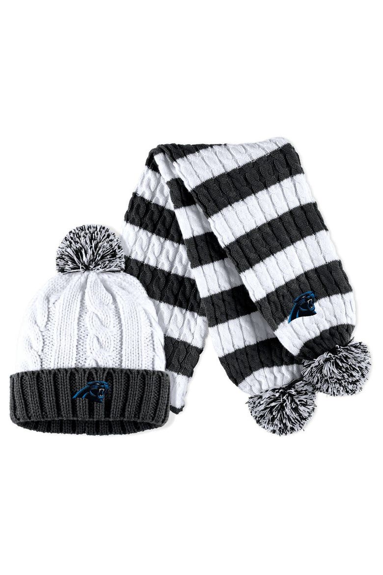 Women's WEAR by Erin Andrews  Black/White Carolina Panthers Cable Stripe Cuffed Knit Hat with Pom and Scarf Set, Main, color, Black