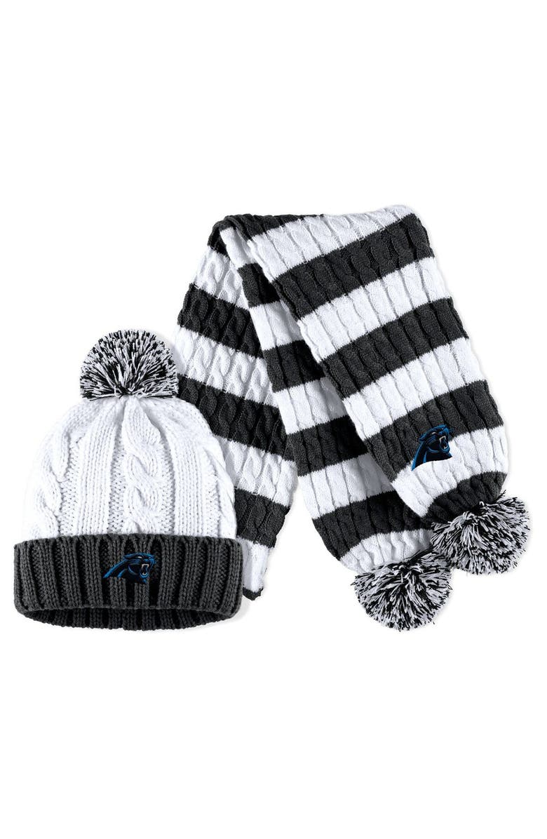 WEAR by Erin Andrews Women's WEAR by Erin Andrews  Black/White Carolina Panthers Cable Stripe Cuffed Knit Hat with Pom and Scarf Set, Main, color, 