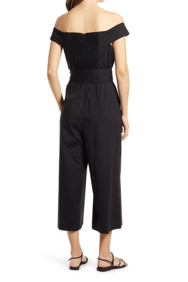 Off the Shoulder Crop Cotton Jumpsuit, Alternate, color, BLACK