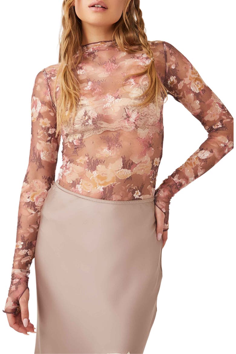 Printed Lady Sheer Embroidered Long Sleeve Top, Main, color, VINTAGE COMBO