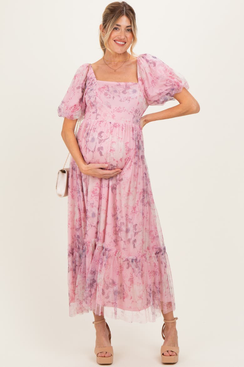 Floral Printed Tulle Puff Sleeve Midi Dress, Alternate, color, Pink