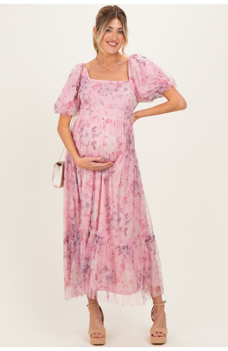 PinkBlush Floral Printed Tulle Puff Sleeve Midi Dress, Alternate, color, Pink