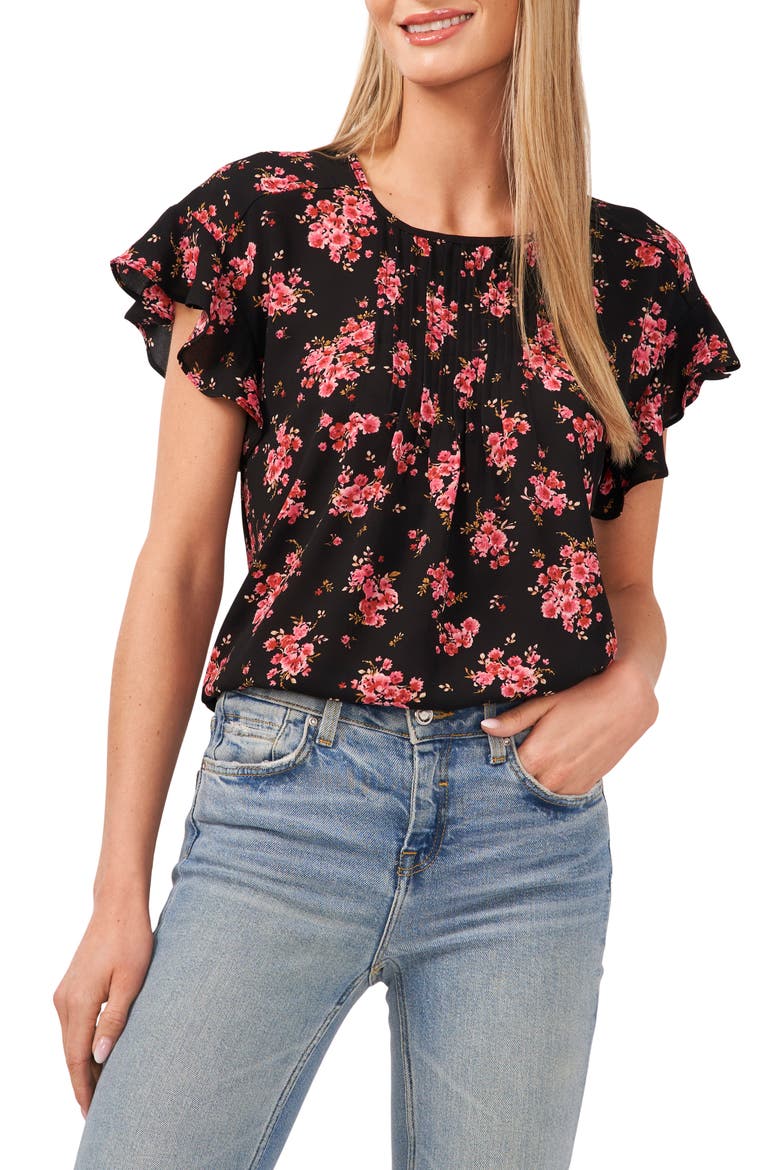 Blooming Romance Flutter Sleeve Top, Main, color, RICH BLACK