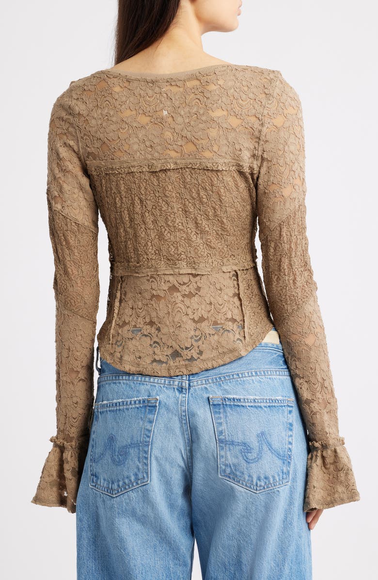 Free People Bell Sleeve Sheer Cotton Blend Lace Top, Alternate, color, Dutch Cocoa