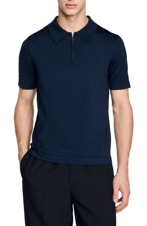 Sandro Knitted Polo Shirt With Zip Collar In Navy Blue