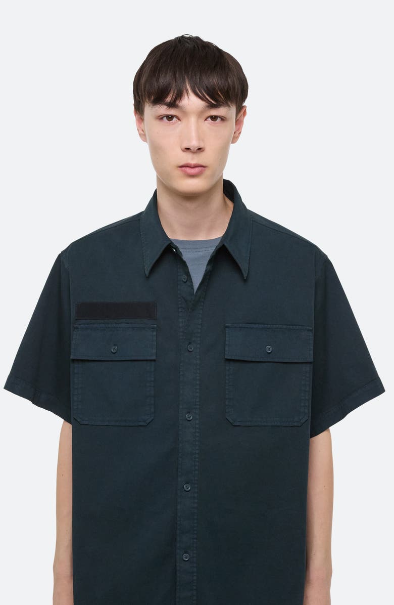 Helmut Lang GD Uniform Short Sleeve Stretch Twill Button Up Shirt, Alternate, color, Pine