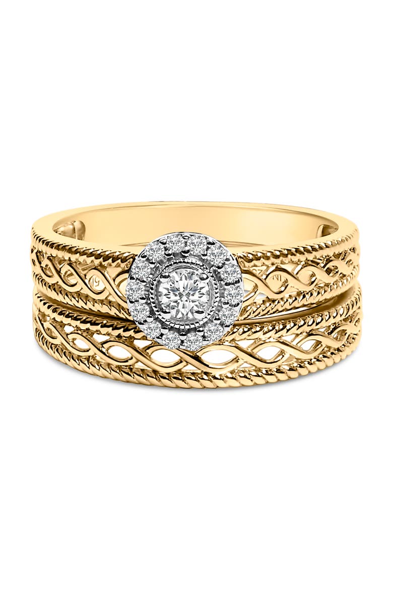 14K Yellow Gold Plated Silver 1/5 Cttw Diamond Engagement Ring and Wedding Band Set, Main, color, Yellow