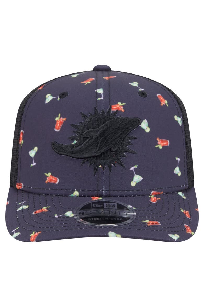 Men's New Era  Navy/Black Miami Dolphins Adventure Drinks Pattern 9SEVENTY Stretch-Snap Hat, Alternate, color, Navy
