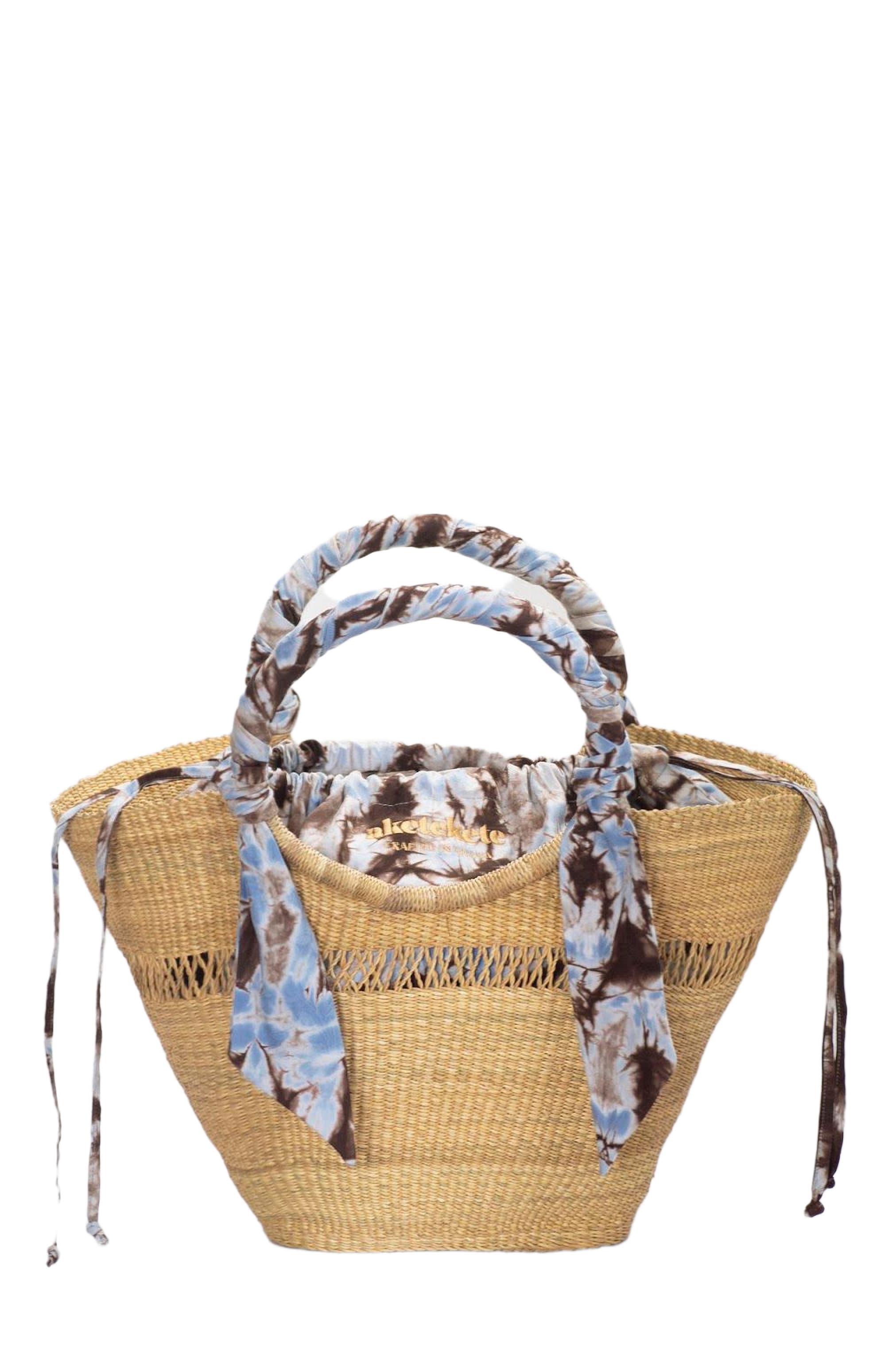 Aketekete Butterfly Bag Medium in Natural W/Light Blue 