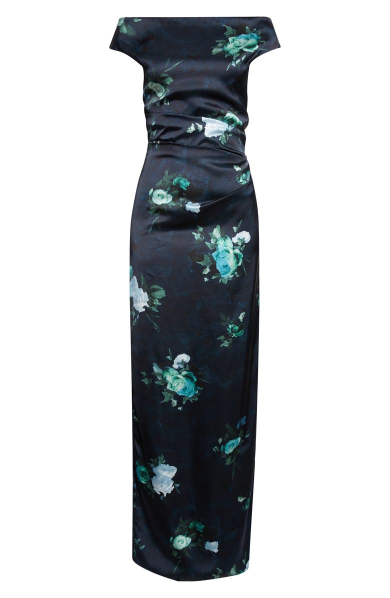 Erdem Floral Print Off The Shoulder Duchesse Satin Gown, Alternate, color, Abstract Rose Navy