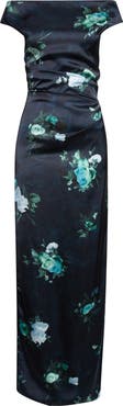 Erdem Floral Print Off The Shoulder Duchesse Satin Gown