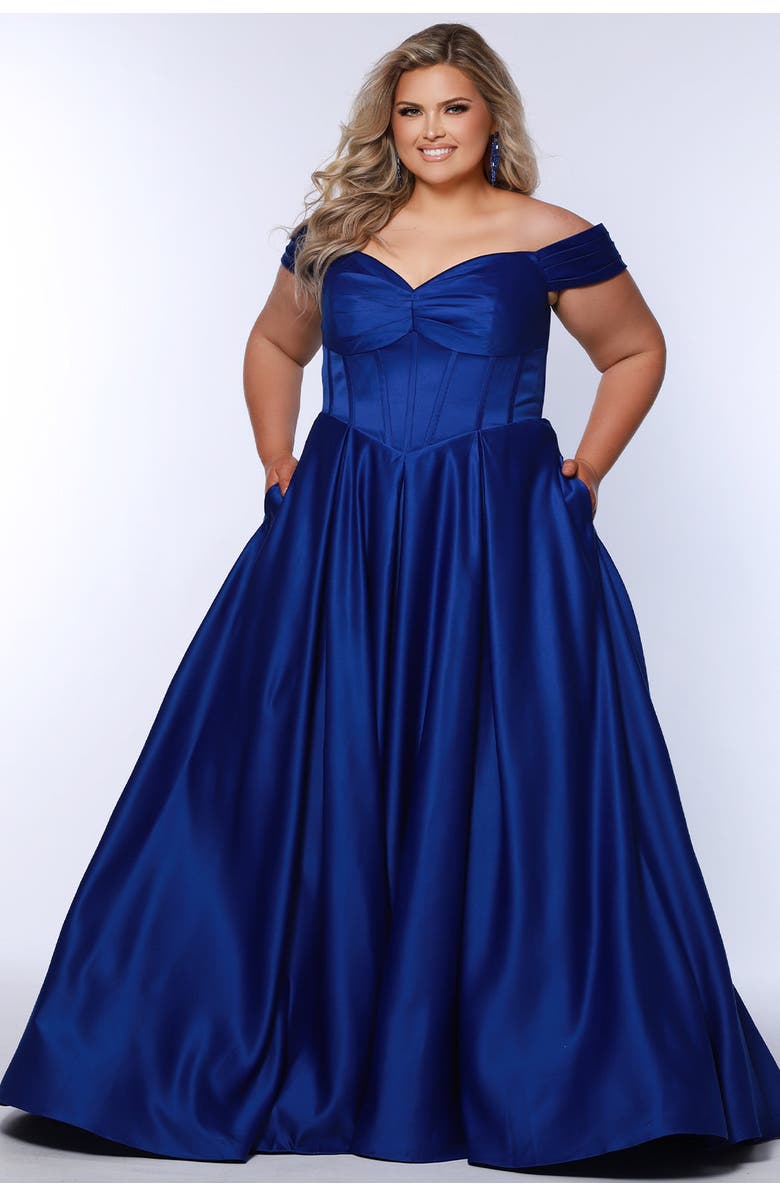 Sydney's Closet Sweetheart Neckline Off the Shoulder Plus Size A-line Gown, Alternate, color, Cobalt