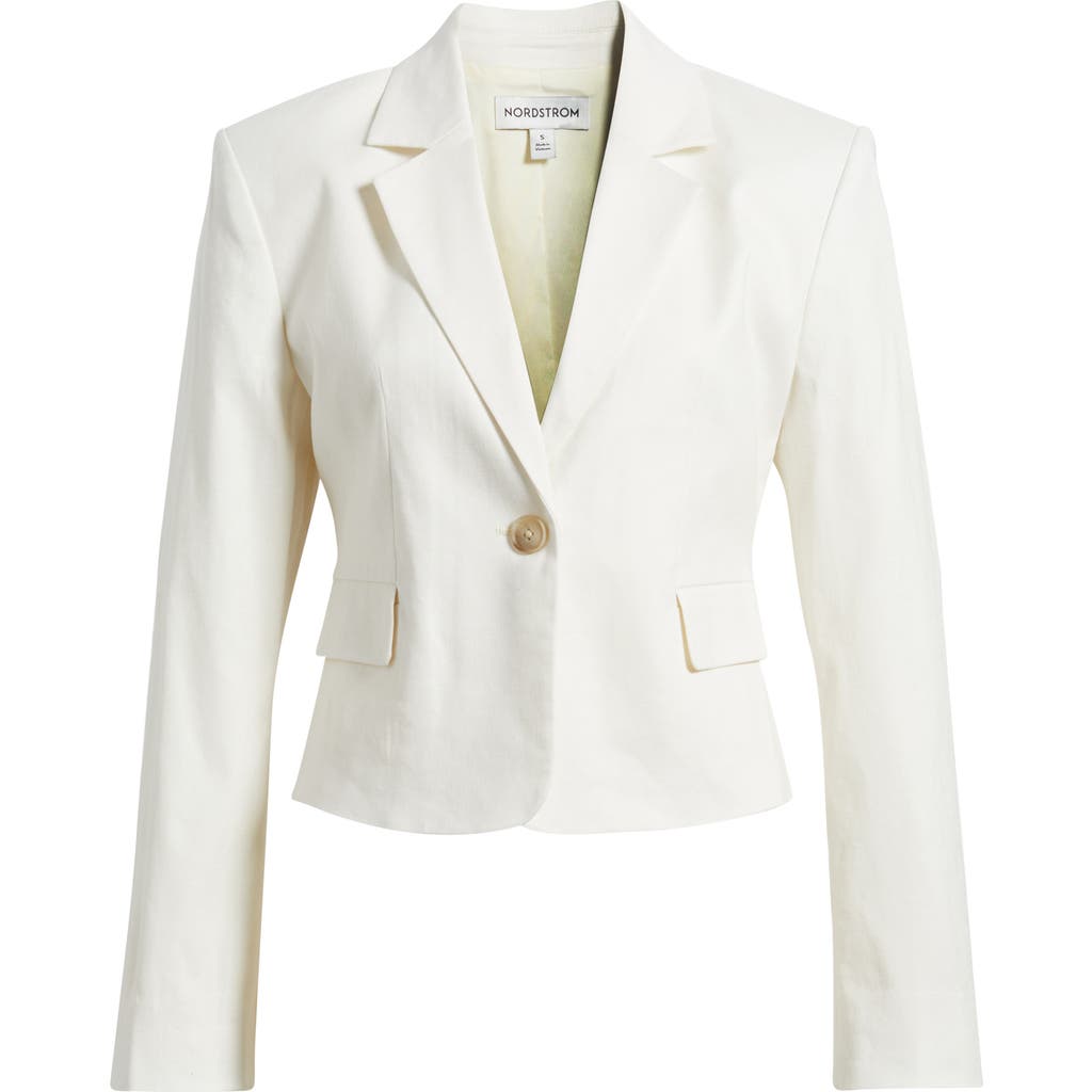 NORDSTROM NORDSTROM CROP ONE-BUTTON LINEN BLEND BLAZER