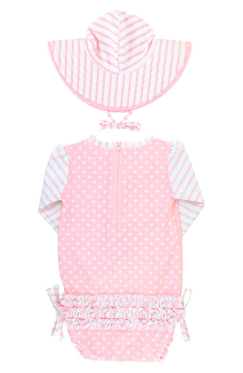 RuffleButts Pink Polka Dot One-Piece Rashguard Swimsuit & Hat Set, Alternate, color, Pink Polka Dot