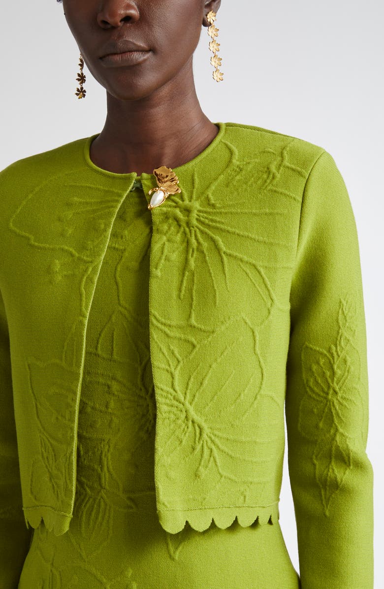 Oscar de la Renta Cherry Blossom Embossed Cardigan, Alternate, color, Fern