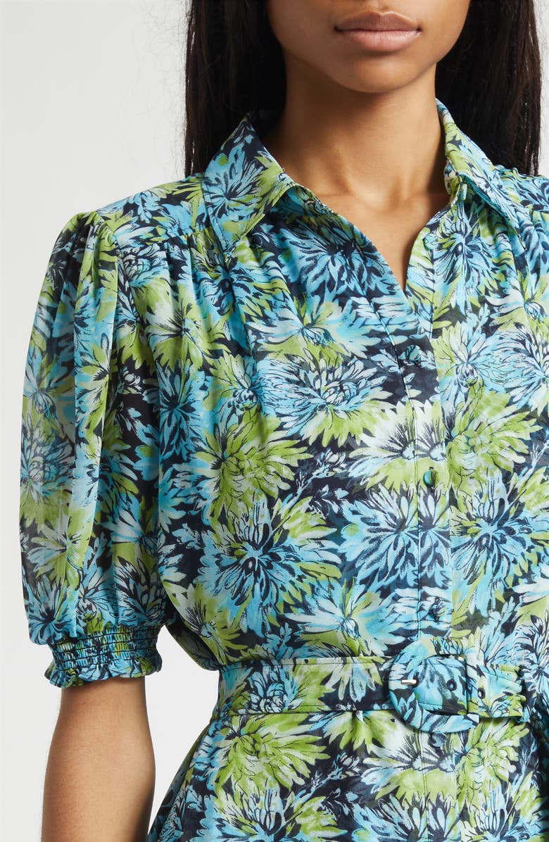 Cinq à Sept Halbini Dahlia Print Puff Sleeve Belted Shirtdress, Alternate, color, Tropical Sky Multi