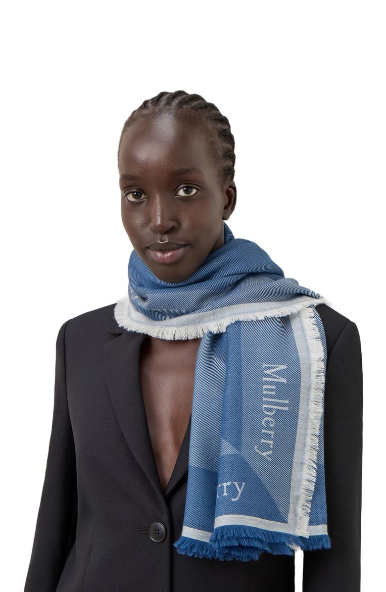 Mulberry Wool Logo Square Scarf, Alternate, color, Denim Blue