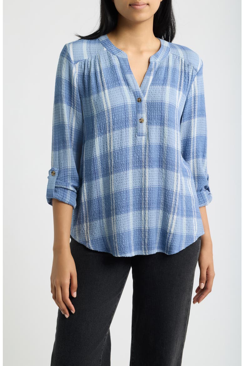 Roll Sleeve Plaid Top, Main, color, DENIM PLAID