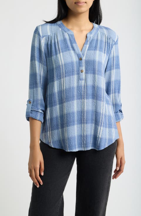 Roll Sleeve Plaid Top