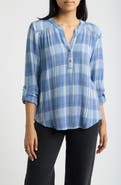 Bobeau Roll Sleeve Plaid Top