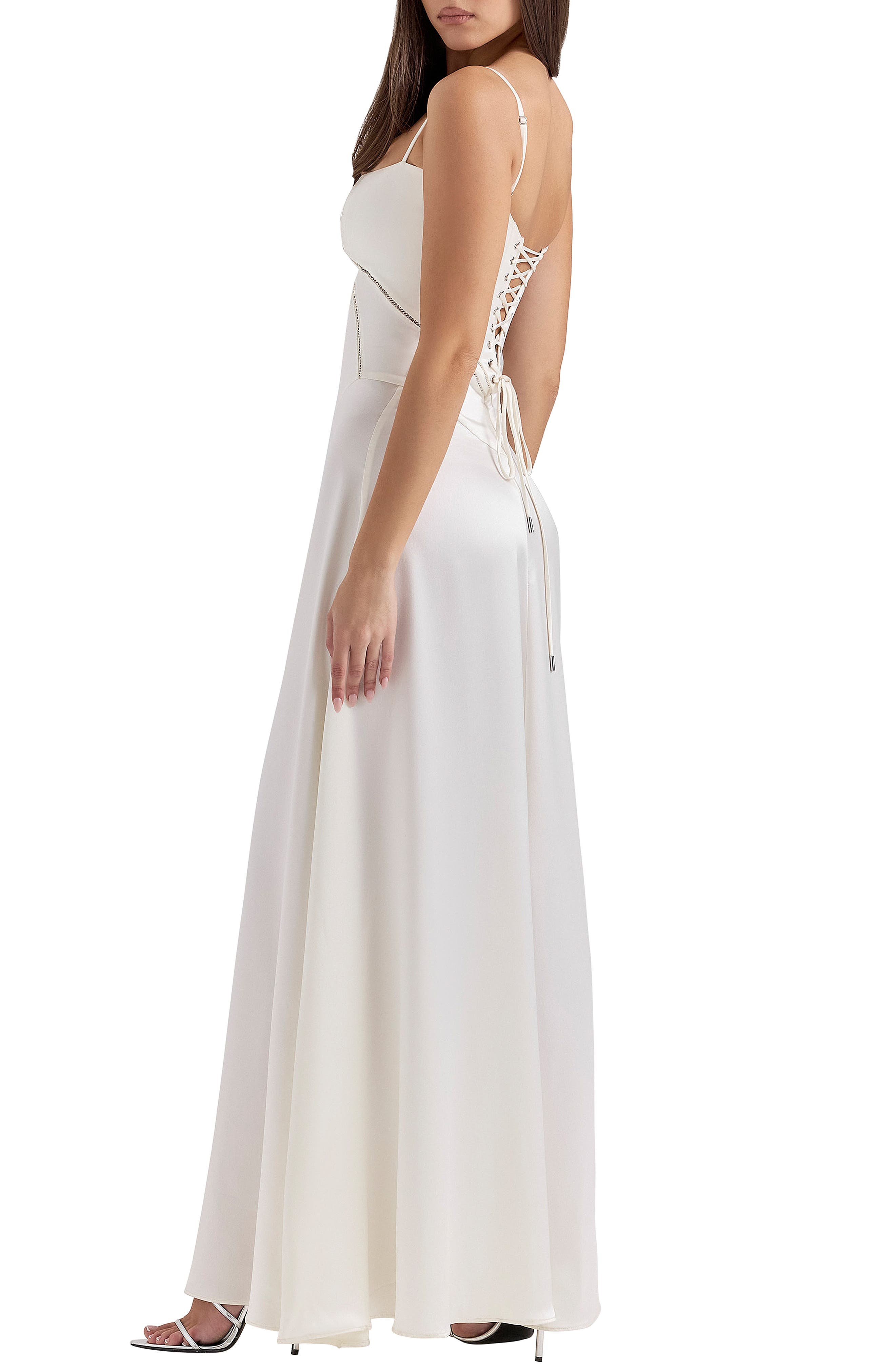 anabella ivory satin lace up maxi dress House of CB