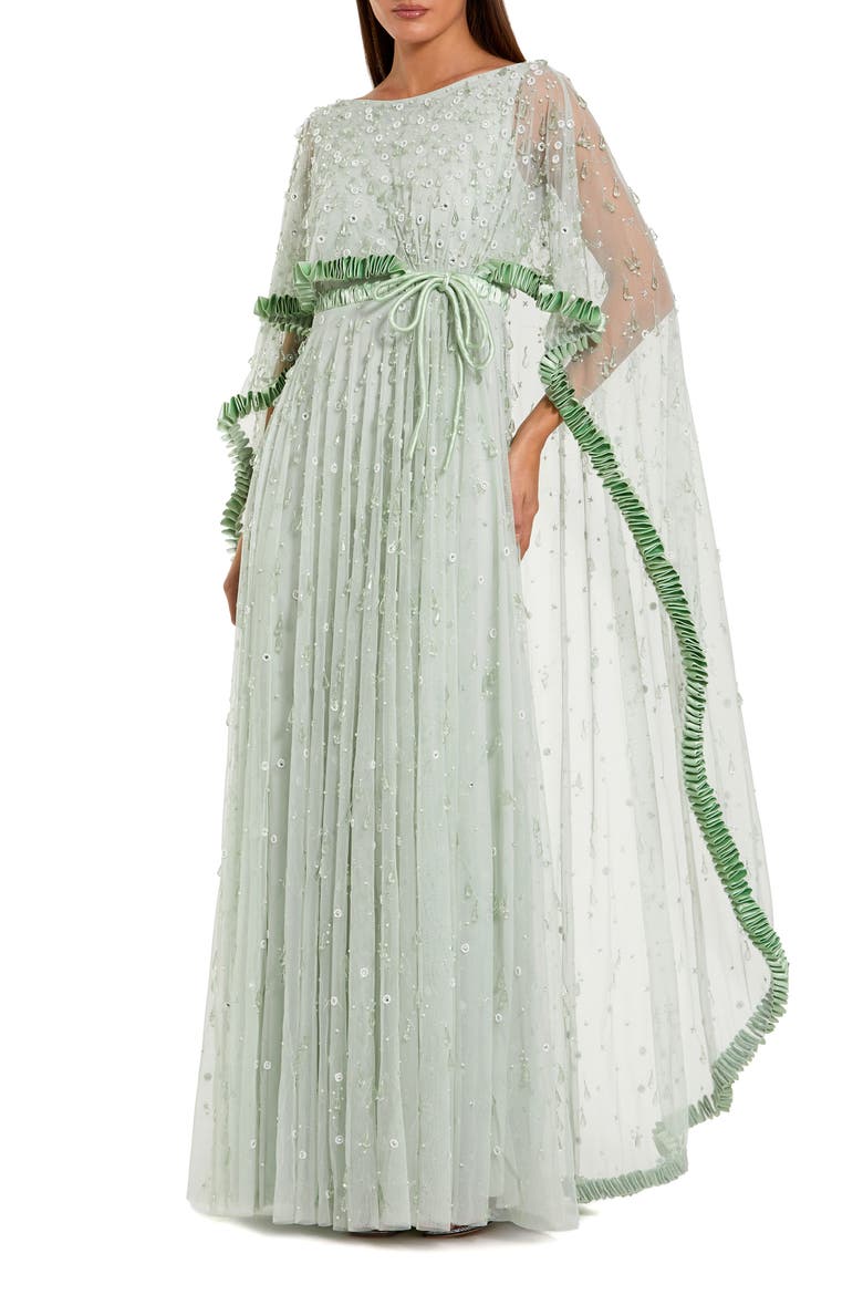 Beaded Cape Sleeve Gown with Ruffled Trim Detail, Main, color, Jade