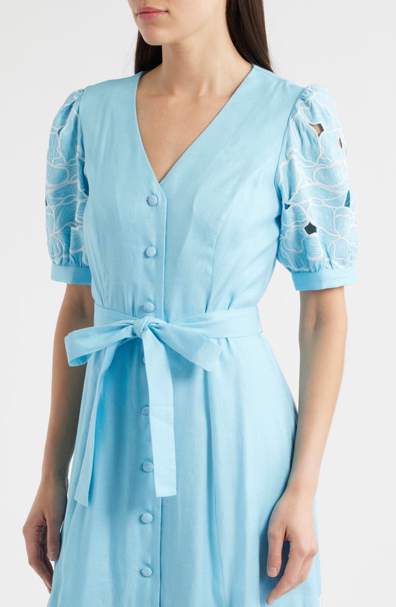 Elie Tahari The Jade Linen Blend Eyelet Midi Dress, Alternate, color, 