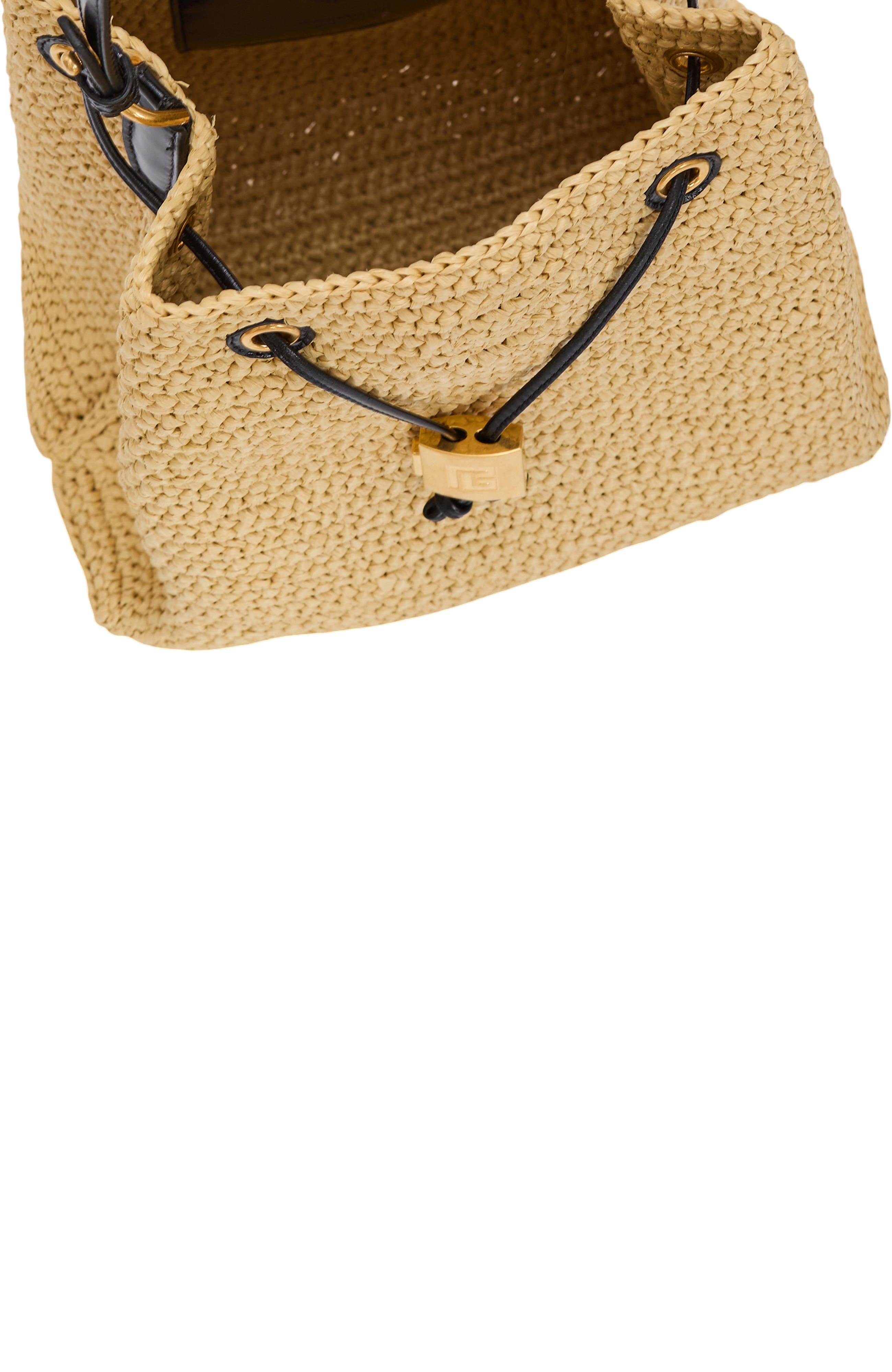 Balmain Pulse crochet and leather backpack, Alternate, color, Beige