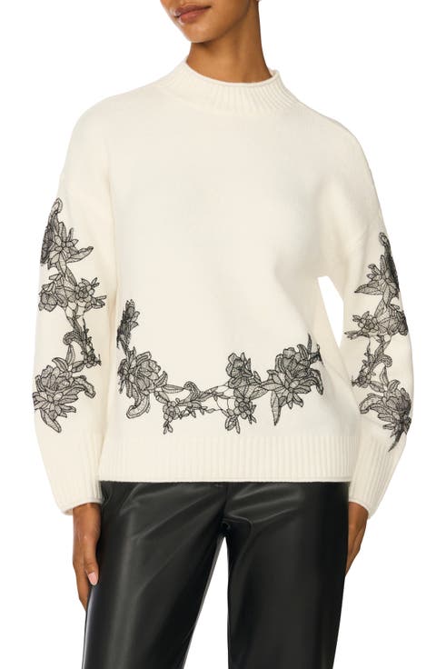 Lace Appliqué Mock Neck Sweater