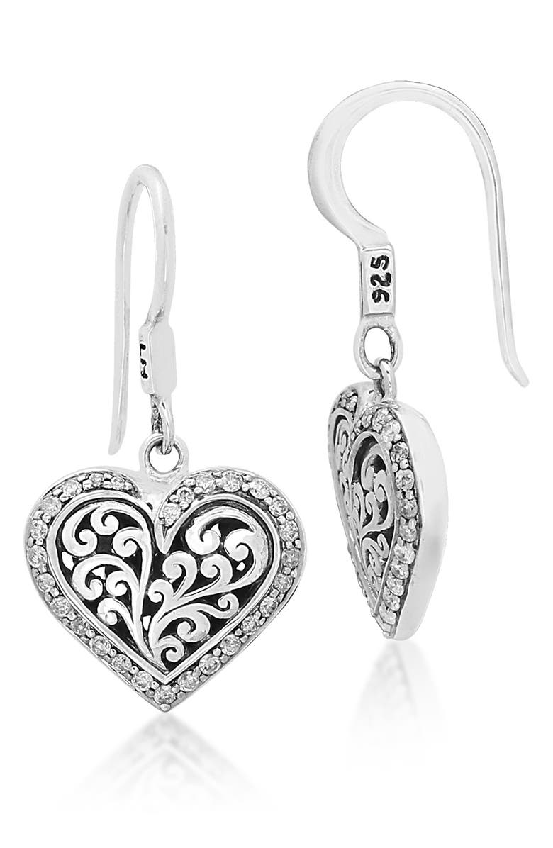 Lois Hill Sterling Silver Diamond Framed Signature Scroll Heart Drop Earrings - 0.5 ctw, Main, color,