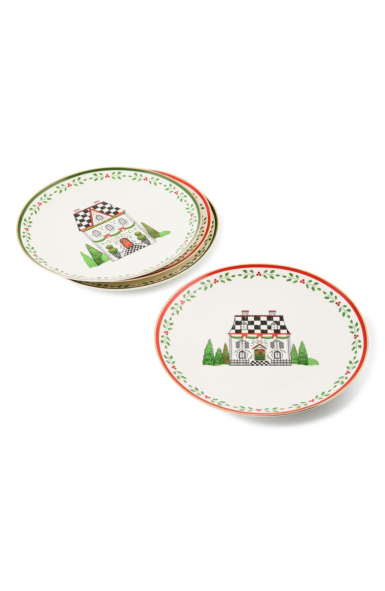 MACKENZIE CHILDS Holly Village Set of 4 Dessert Plates, Alternate, color, White