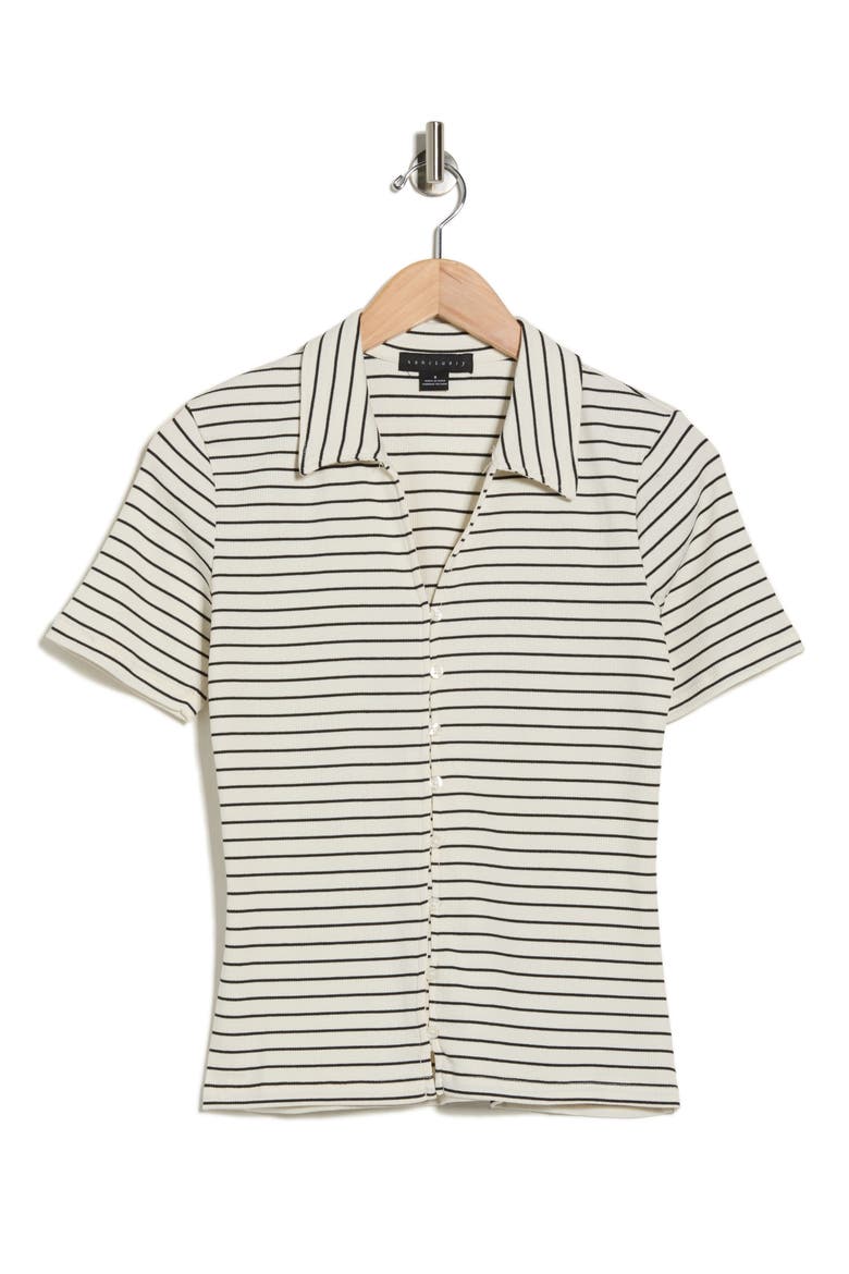Stripe Button-Up T-Shirt, Alternate, color, MILK BLAC