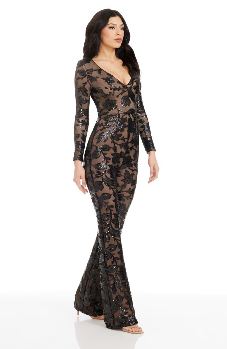 Dress the Population Carson Sequin Floral Long Sleeve Jumpsuit, Alternate, color, Black-Nude