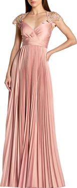 Mac Duggal Pleated Charmeuse Embellished Cap Sleeve Gown
