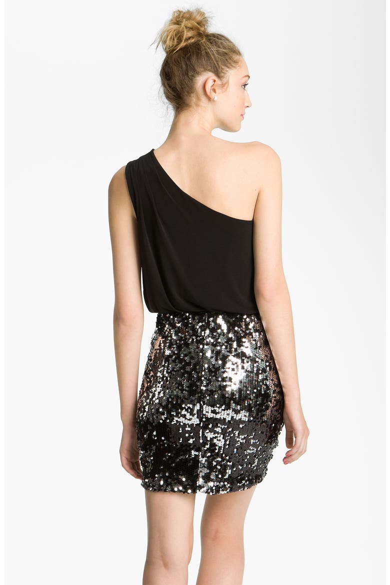 Sequin Skirt One Shoulder Dress, Alternate, color, BLACK/ SILVER