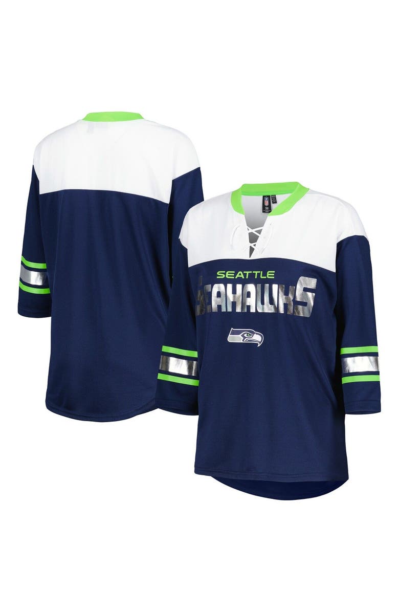 G-III 4HER BY CARL BANKS Women's G-III 4Her by Carl Banks College Navy/White Seattle Seahawks Double Team 3/4-Sleeve Lace-Up T-Shirt, Main, color, Navy