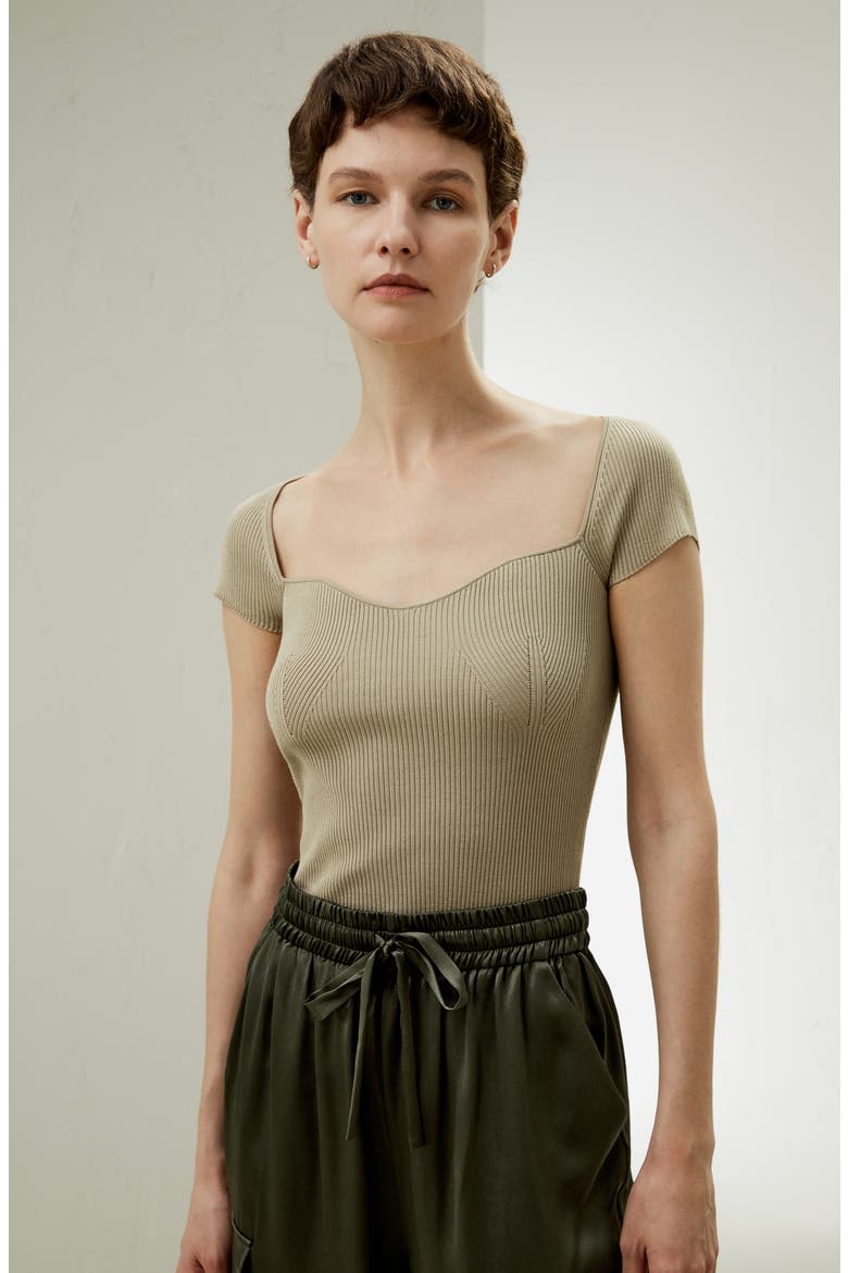 Women's Sweetheart Neck Ribbed Silk Knit Top, Alternate, color, Light Apricot
