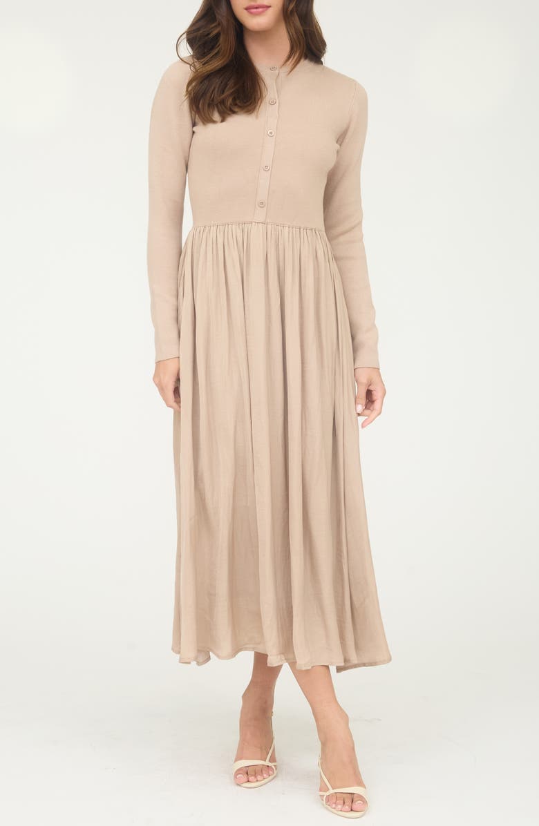 AUGUST SKY Mixed Media Long Sleeve Maxi Dress, Main, color, Champagne