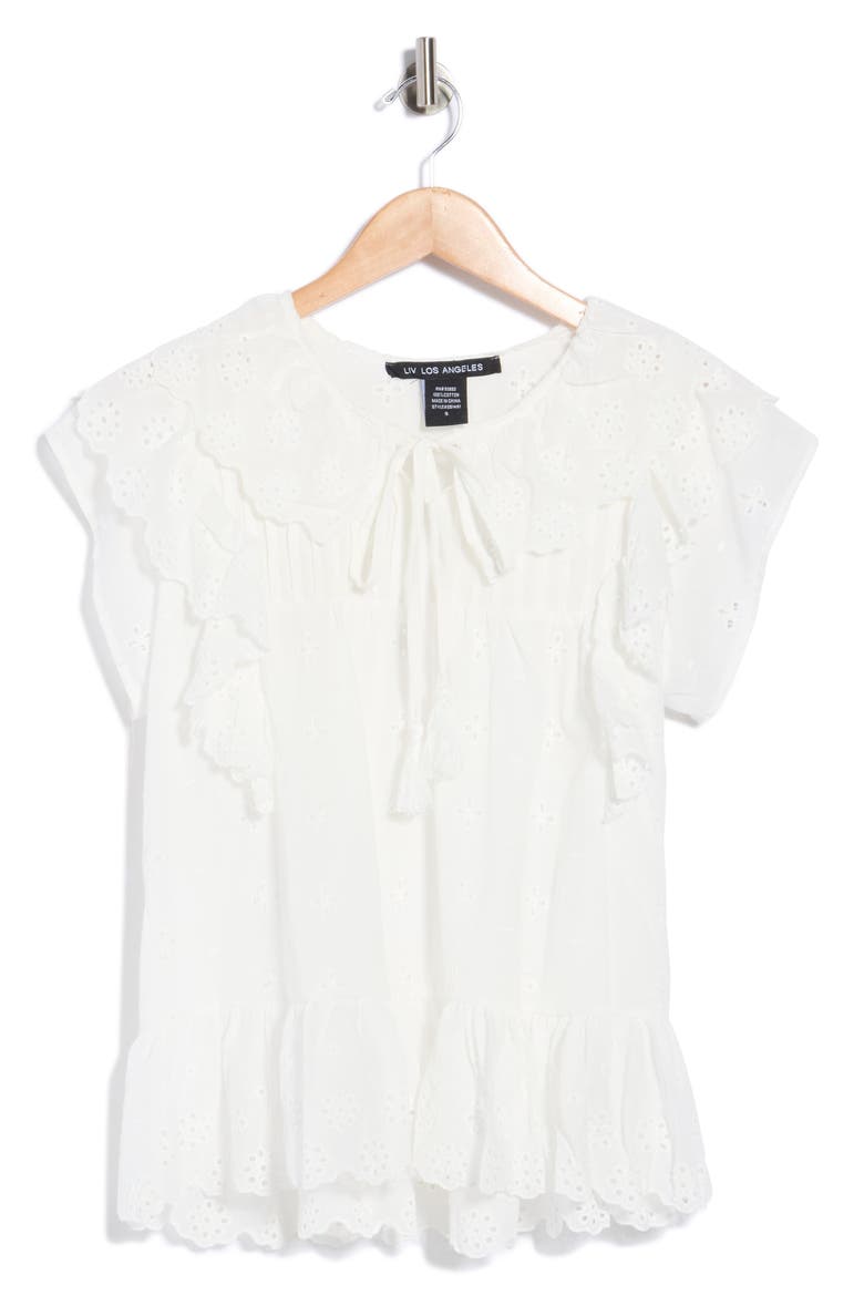 Eyelet Ruffled Sleeve Top, Alternate, color, WHITE