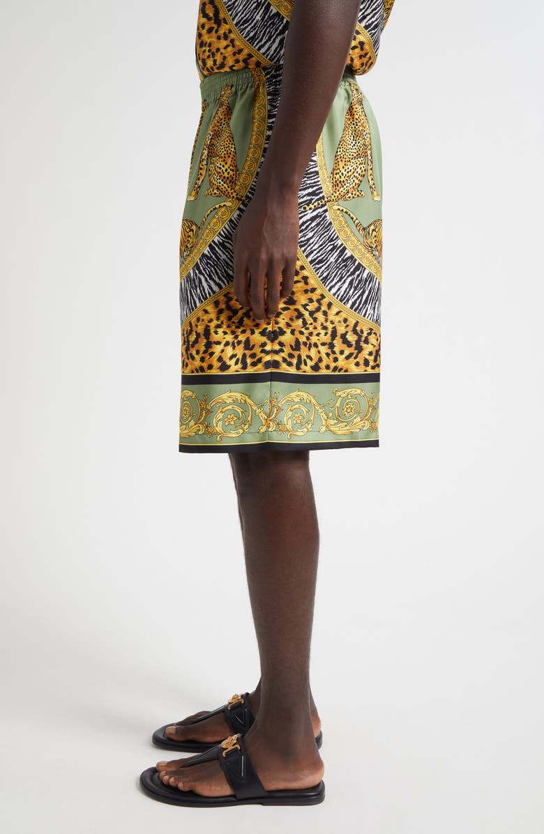 Versace Wild Cats Print Silk Twill Shorts, Alternate, color, Green Black