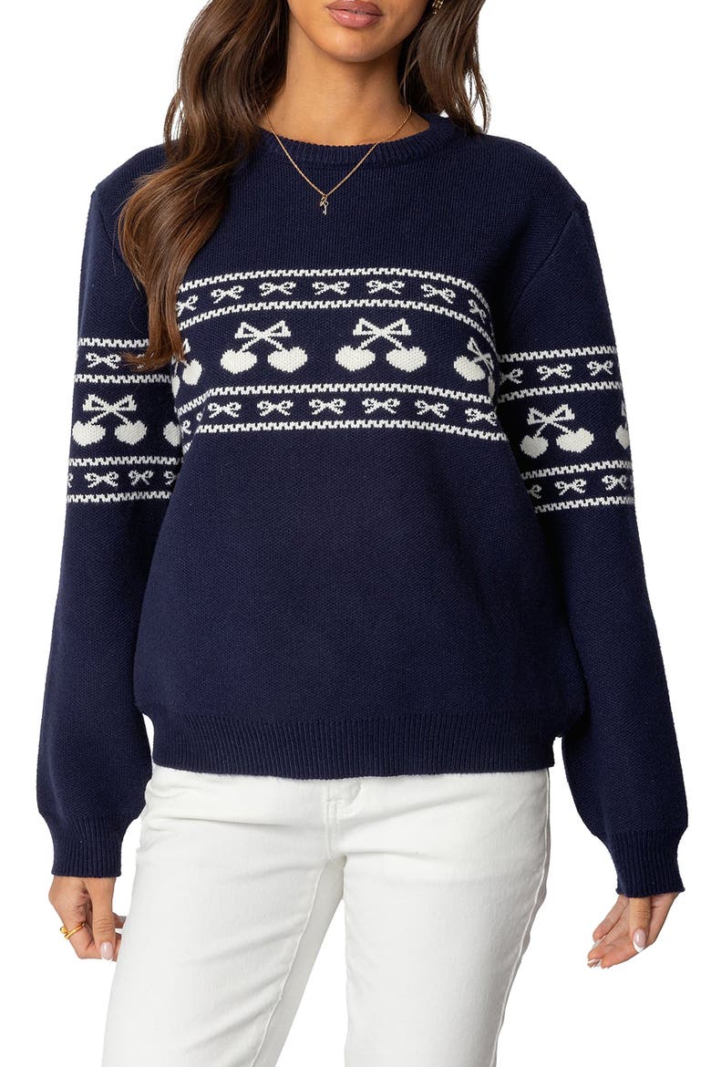 Holiday Cheer Hearts & Bows Fair Isle Crewneck Sweater, Main, color, NAVY