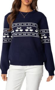 EDIKTED Holiday Cheer Hearts & Bows Fair Isle Crewneck Sweater