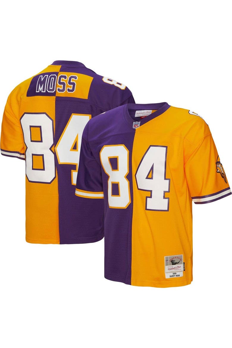 Men's Mitchell & Ness Randy Moss Purple/Gold Minnesota Vikings 1998 Split Legacy Replica Jersey, Main, color, Purple
