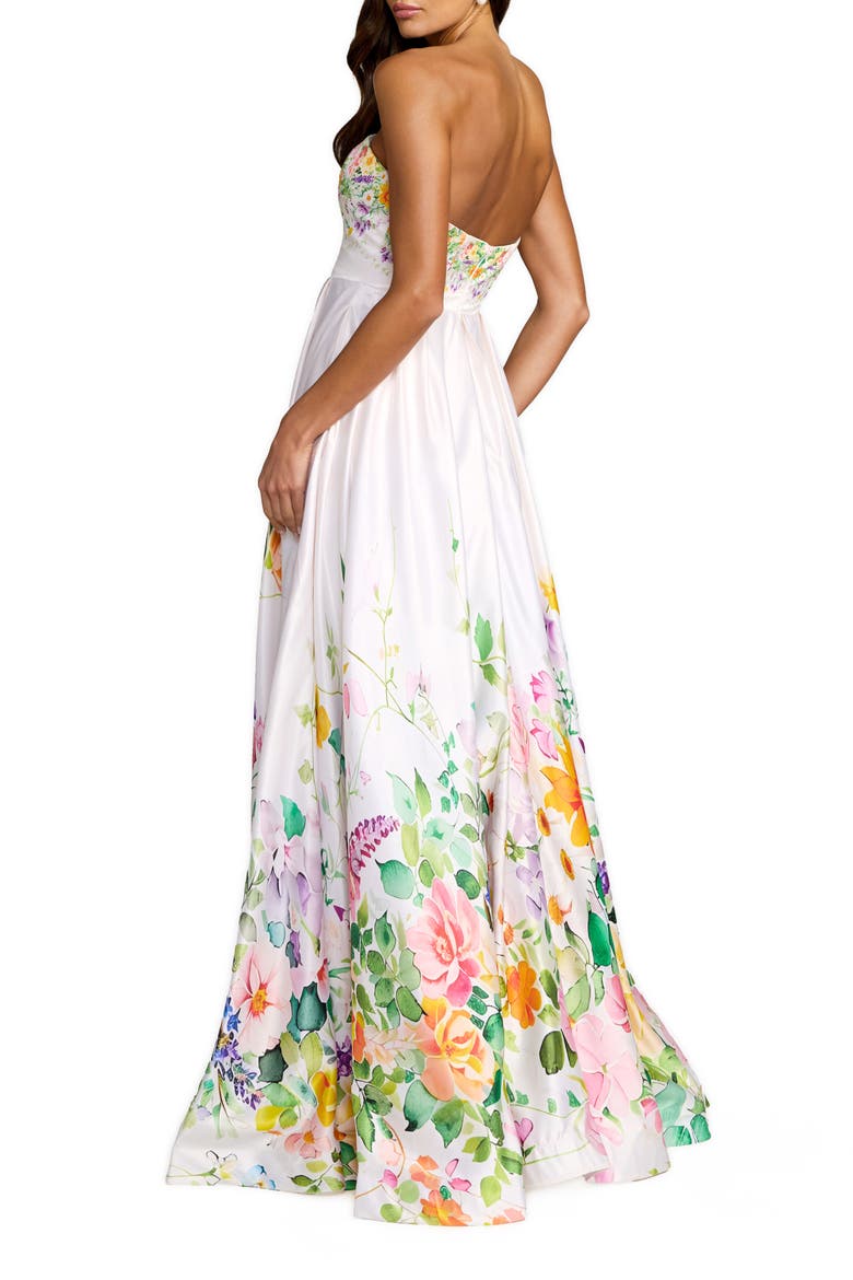 Floral Print Strapless Satin A Line Gown With Pockets, Alternate, color, Ivory Multi