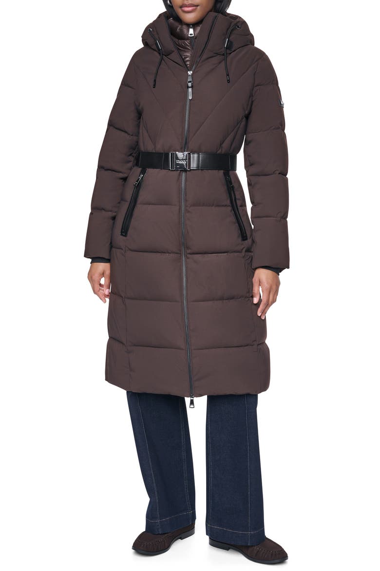 Water Resistant Belted Long Puffer Coat with Bib, Main, color, BITTER